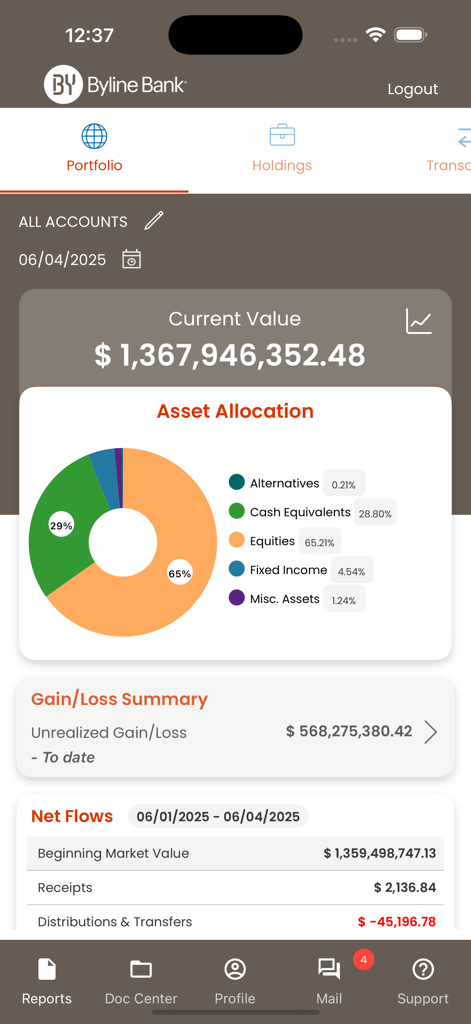 Byline Bank Wealth Mobile - Byline Bank Wealth Mobile app portfolio screen showing total value asset allocation chart and unrealized gain loss summary