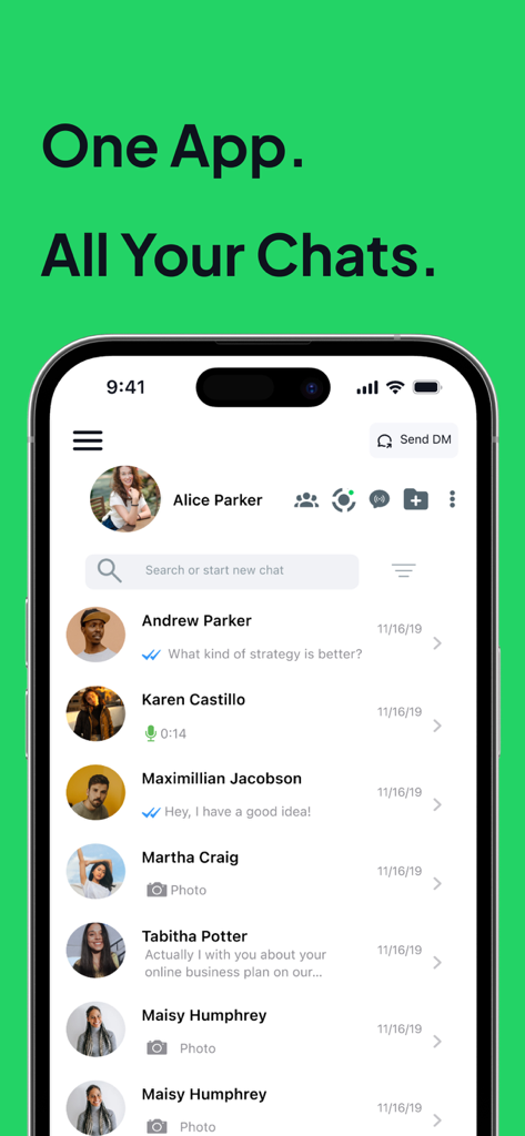 All Messenger for WA Web - Mobile app interface showing a unified list of multiple chat conversations from different platforms in one screen