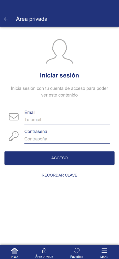 Pantalla de inicio de sesión para el área privada de la aplicación del congreso médico HM Gabinete Velazquez