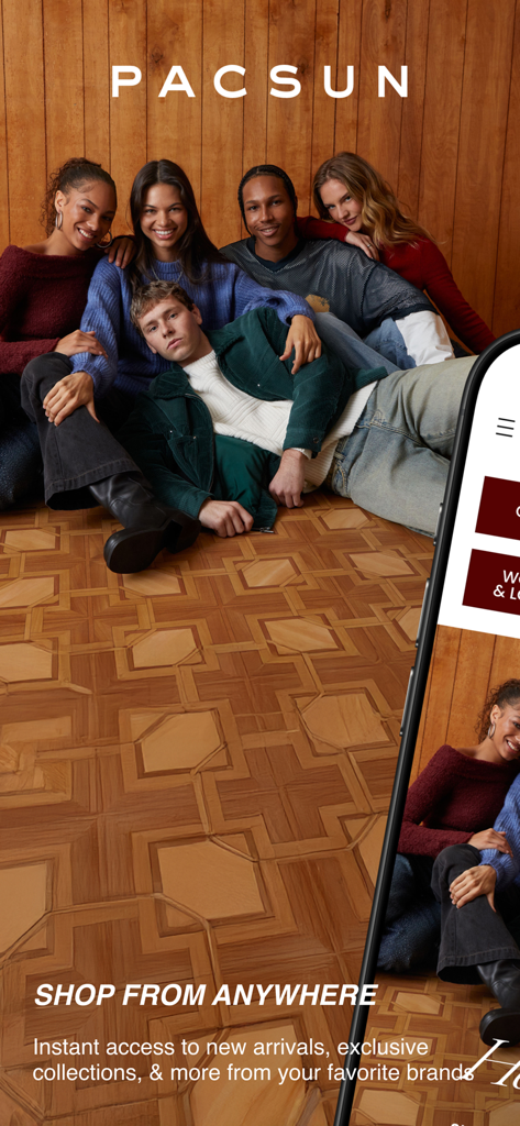 Pacsun - Personas jóvenes diversas vistiendo moda casual de Pacsun en una pantalla de aplicación móvil