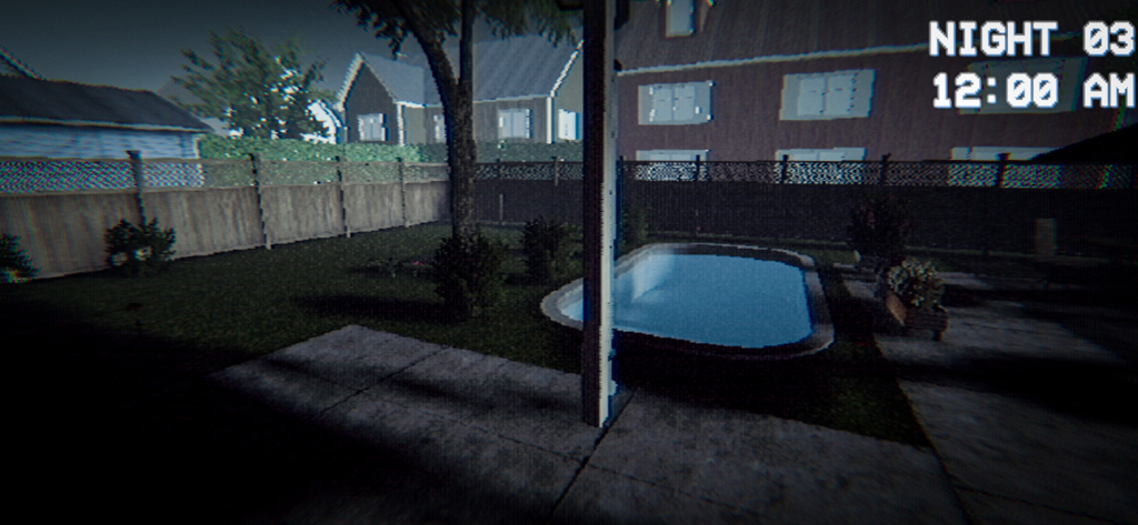 Boisvert Analog Horror Game - Nighttime view of a suburban backyard pool with analog horror VHS effects