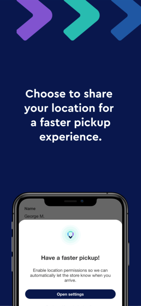 Flybuy Pickup - Flybuy Pickup app screen encouraging users to enable location permissions for a faster pickup experience