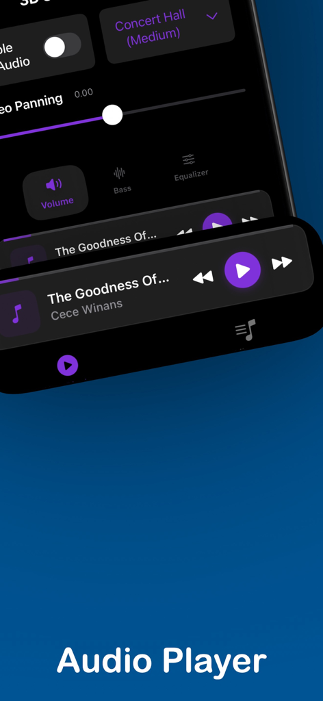 Headphone Volume Booster: HVBz - HVBz mobile app interface showing the audio player with volume bass and equalizer settings