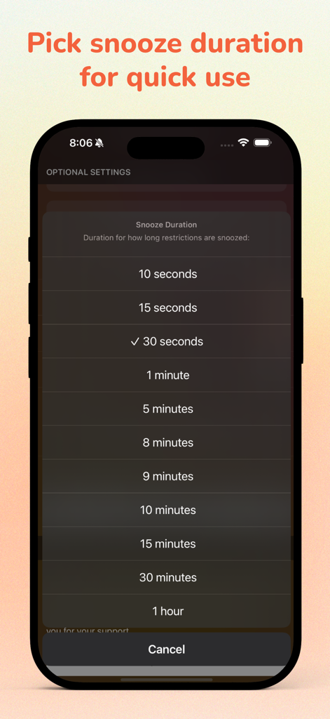 Run For Fun: Screen Time Focus - Pantalla de iPhone que muestra una lista de opciones de duración de pausa para restricciones de aplicaciones en la aplicación Run For Fun.