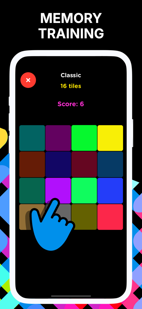 Senior brain games BlockMind - Un ejercicio de entrenamiento de memoria en la aplicación BlockMind que presenta una cuadrícula de dieciséis fichas coloridas y una interfaz simple diseñada para personas mayores.