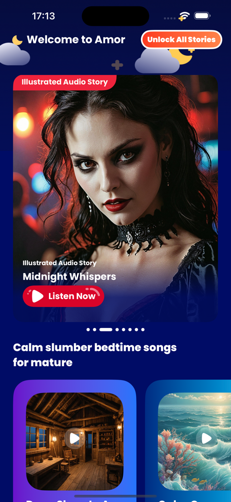 Amor: Drama, Shorts, Stories - Interface of the Amor app featuring the Midnight Whispers audio story and mature sleep sounds.
