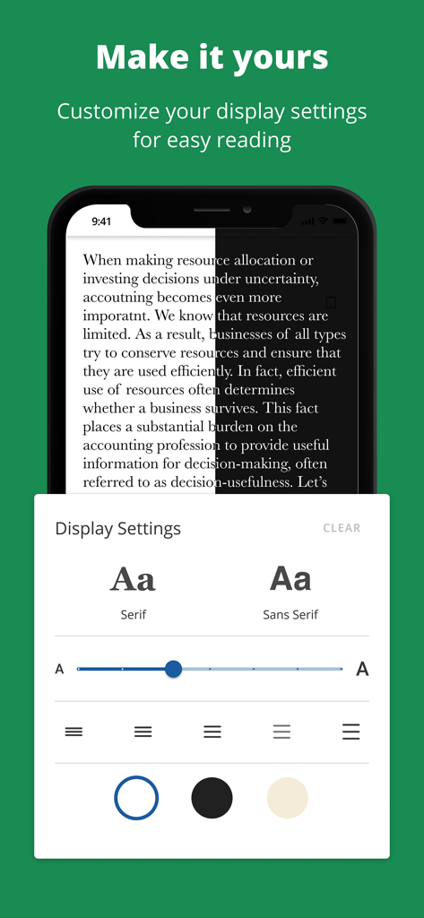 Display settings menu in Wiley Reader app showing font, size, and background color customization options.