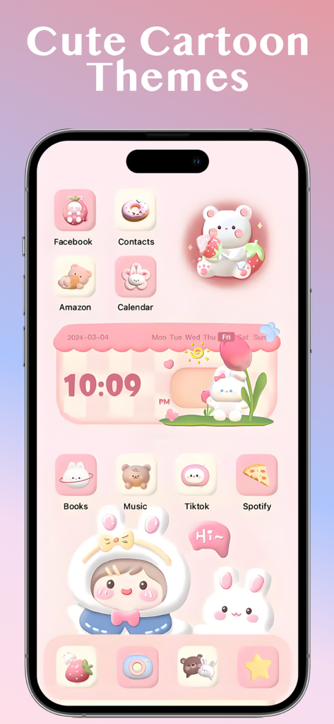Live Wallpaper-Charing 4K - A pink aesthetic iPhone home screen with cute cartoon animal icons and widgets