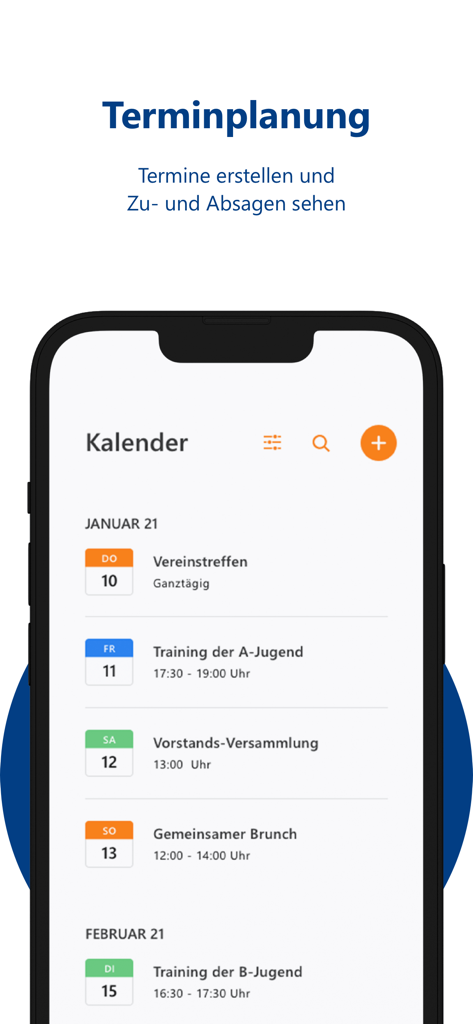 Kalender-Oberfläche in der WISO MeinVerein App mit einer Liste bevorstehender Vereinsversammlungen und Sporttrainings mit Daten und Uhrzeiten