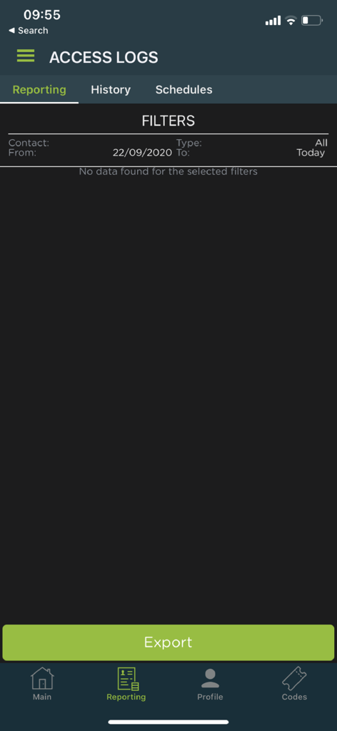 ClickOn Connect - Interface of the ClickOn Connect app showing the access logs reporting section