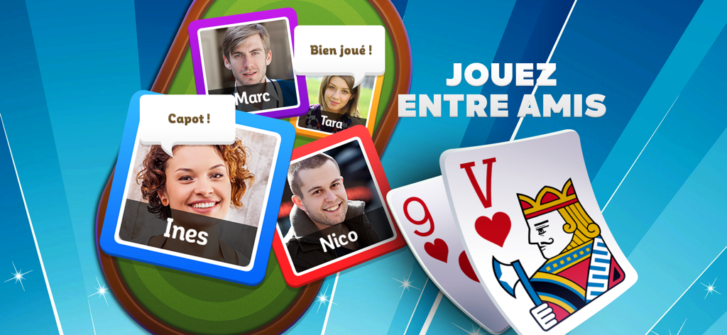 Belote et Coinche, jeu de cartes en ligne présentant des avatars de joueurs et des cartes avec le texte « jouez avec des amis » en français