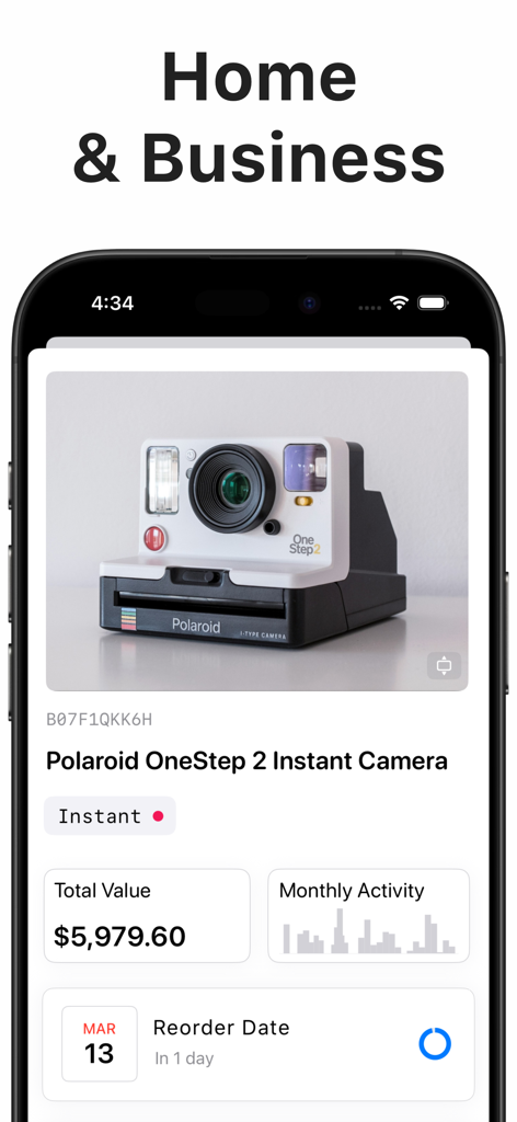 Interface de l'application Boxflow affichant un article d'inventaire pour la maison ou l'entreprise avec des métriques de suivi et des rappels de réapprovisionnement
