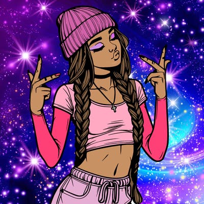 realistic teenage girl with braids and a beanie and crop top doing 🫶🏼