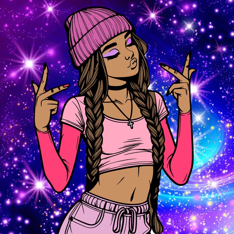 realistic teenage girl with braids and a beanie and crop top doing 🫶🏼