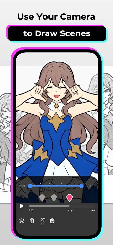 AR Video Trace - AR Video Trace app interface showing a video of an anime girl being used to trace and draw scenes
