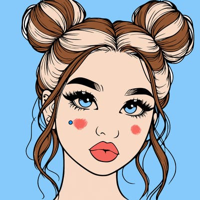 realistic girl with two buns on her hair and lips