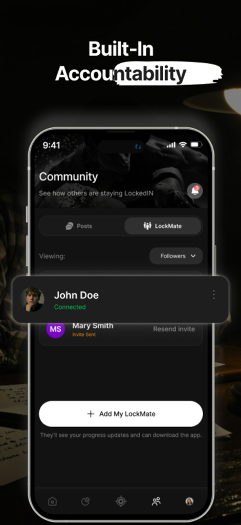 The LockedIN Mindset - The LockedIN Mindset app community interface showing the built-in accountability and LockMate features