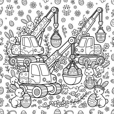 Get ready for a unique Easter celebration with this charming coloring page featuring friendly mobile cranes alongside playful bunnies and festive eggs. It's the perfect blend of construction excitement and springtime joy, offering a delightful creative escape for all ages.