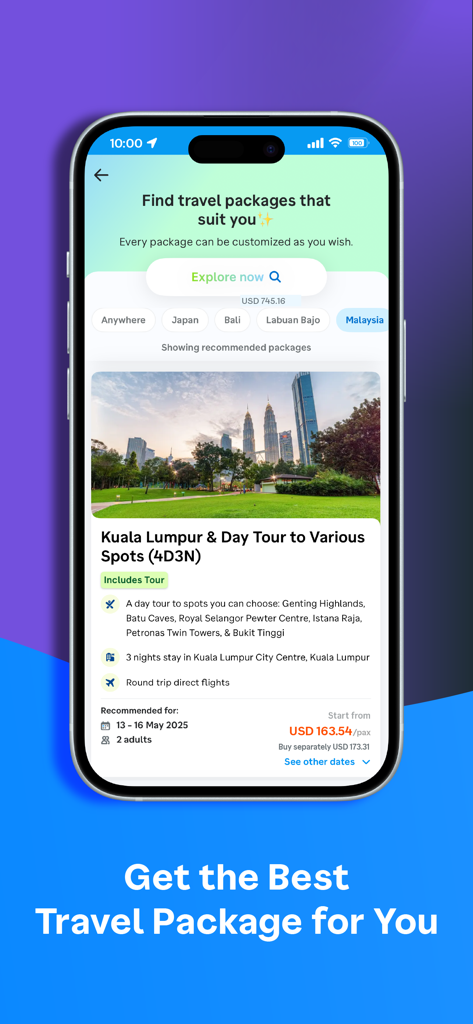 Smartphone screen displaying Traveloka travel packages for international destinations