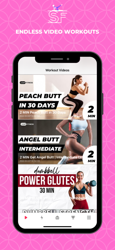 Slim Fitness - Butt Workouts - Pantalla de la aplicación Slim Fitness mostrando una biblioteca de videos especializados de ejercicios de glúteos y caderas para mujeres.