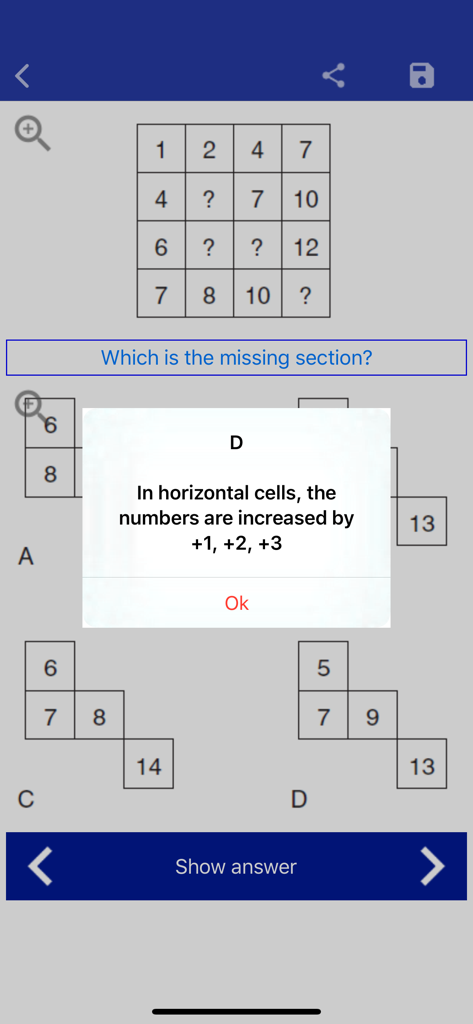 IQ Test & Training - An IQ test logic puzzle grid with a pop-up window explaining the mathematical pattern used to solve it.