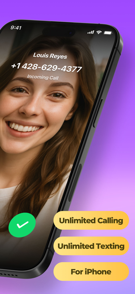 Call Now: 2nd Number Phone App - Pantalla de llamada entrante en la aplicación de teléfono Call Now 2nd number para iPhone, destacando las funciones de llamadas y mensajes de texto ilimitados