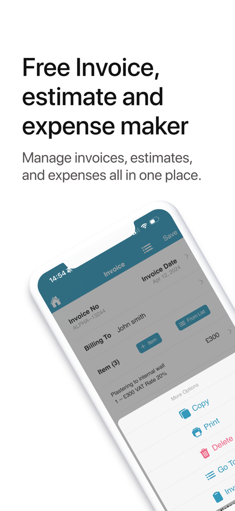 Smartphone screen showing the Invoice 4all app interface for creating professional invoices and tracking expenses.