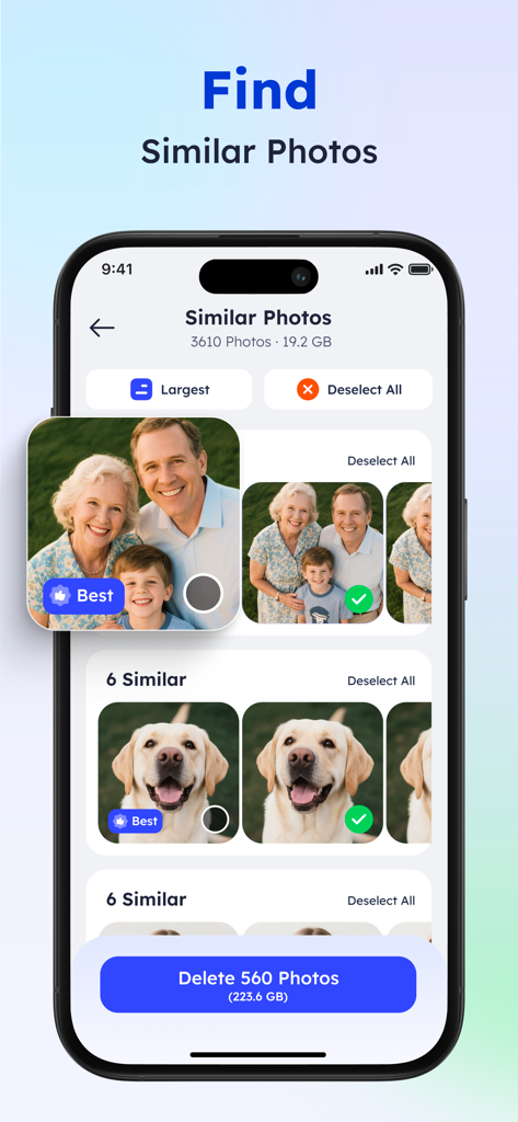 Junk Cleaner - AI Clean Up - Interface of Junk Cleaner app showing similar photo identification and a large delete button to free up storage.