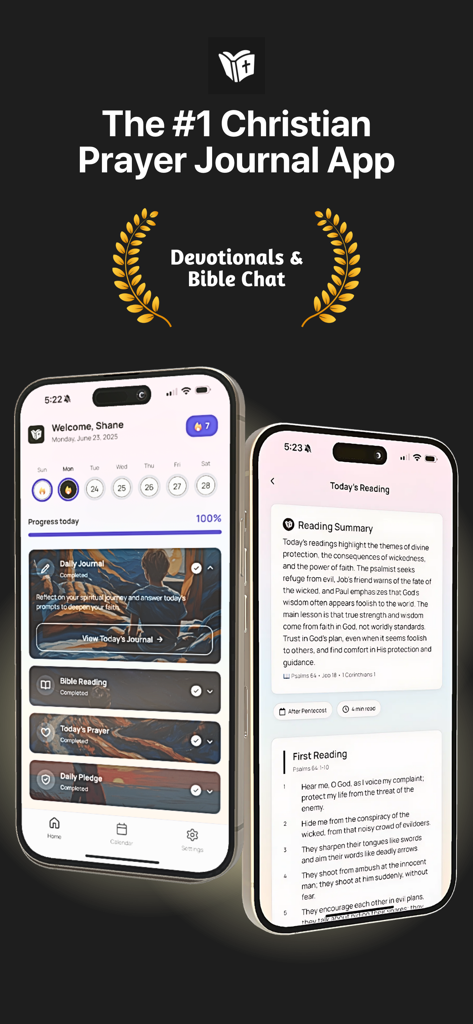 My Daily Prayer Journal - Interface of the My Daily Prayer Journal app showing daily devotionals and bible reading on two iPhones