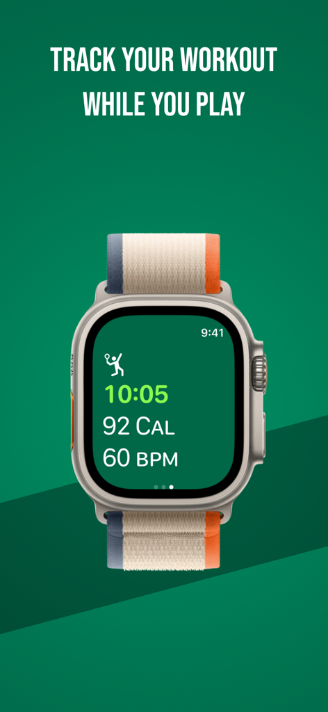 Tennis Scorecard App - Apple Watch zeigt Tennis-Trainingsmetriken einschließlich Kalorien und Herzfrequenz