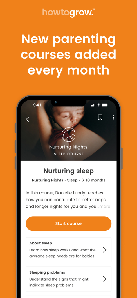 Howtogrow Mobile App-Bildschirm mit einem fürsorglichen Schlafkurs für Eltern von Säuglingen