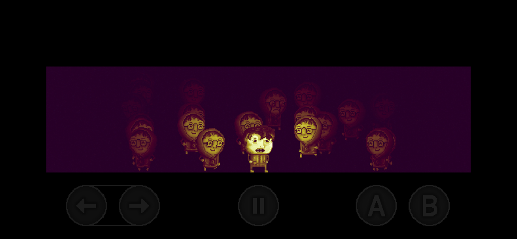 DISTRAINT - Deluxe Edition - A 2D psychological horror scene from DISTRAINT Deluxe Edition showing a character surrounded by eerie smiling hooded figures in a dark atmospheric setting.