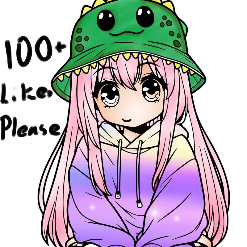girl with anime shaped eyes with a dinosaur bucket hat oversized sweatshirt long straight hair