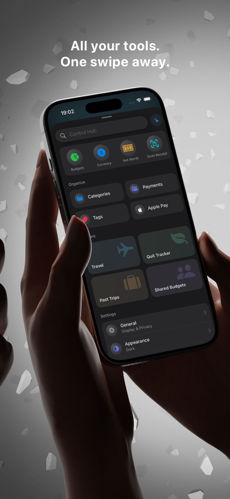 Control - your money - iPhone displaying the Control Hub interface with various personal finance tools and settings