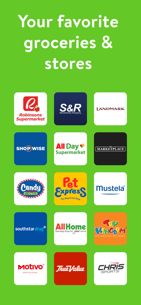 A collection of popular retail partner logos available on the MetroMart app including Robinsons Supermarket and S and R Membership Shopping