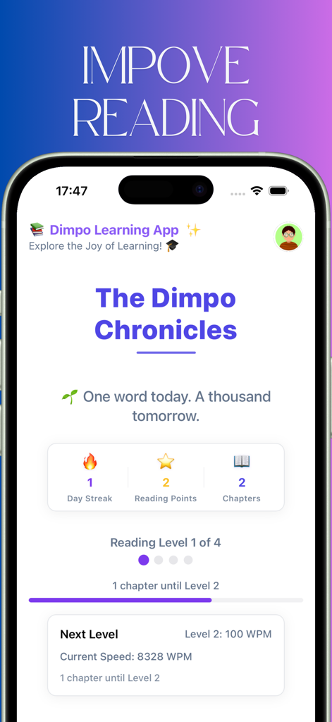 Oberfläche der Dimpo Lern-App, die die Lesegeschwindigkeit und die Fortschrittsverfolgung der Schüler anzeigt