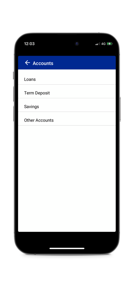 Écran de sélection de compte de l'application MHC Mobile montrant les options de prêt et d'épargne