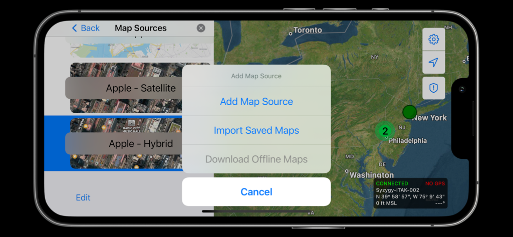 iTAK - iTAK interface displaying map source selection and offline map download options over a satellite view of the East Coast