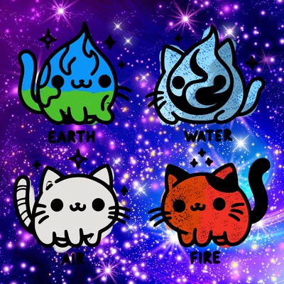 4 cats that represent the different elements, earth, water, air, and fire