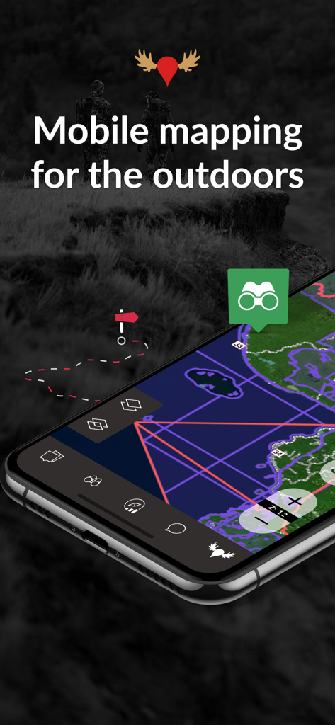 iHunter - Smartphone displaying the iHunter app with detailed hunting zone map overlays