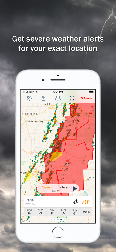 Storm Shield - Storm Shield app displaying severe weather radar alerts and precise location tracking on a smartphone