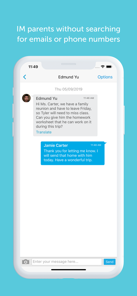 Interface of the Bloomz app showing an instant messaging conversation between a teacher and a parent regarding student homework.