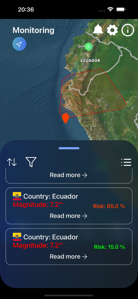 GeoQuake app interface showing a 7.2 magnitude earthquake risk assessment on a map of Ecuador