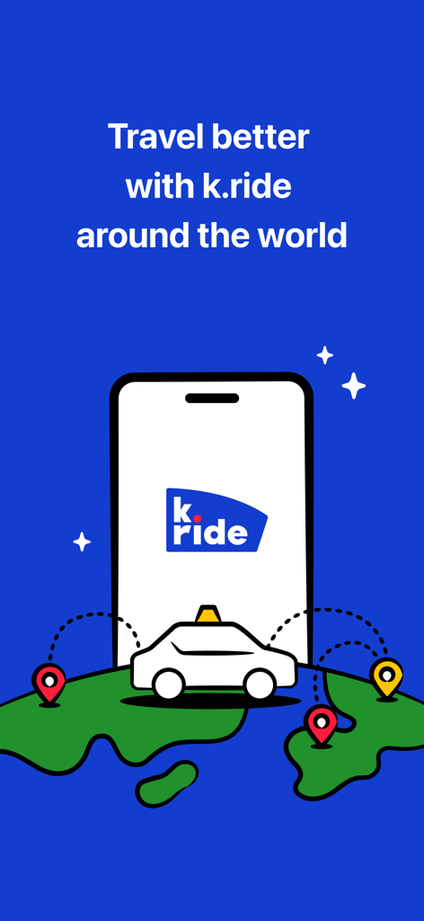 k.ride - taxi, cab, travel - Tela do aplicativo k.ride com um táxi em um mapa mundial com texto de viagem global