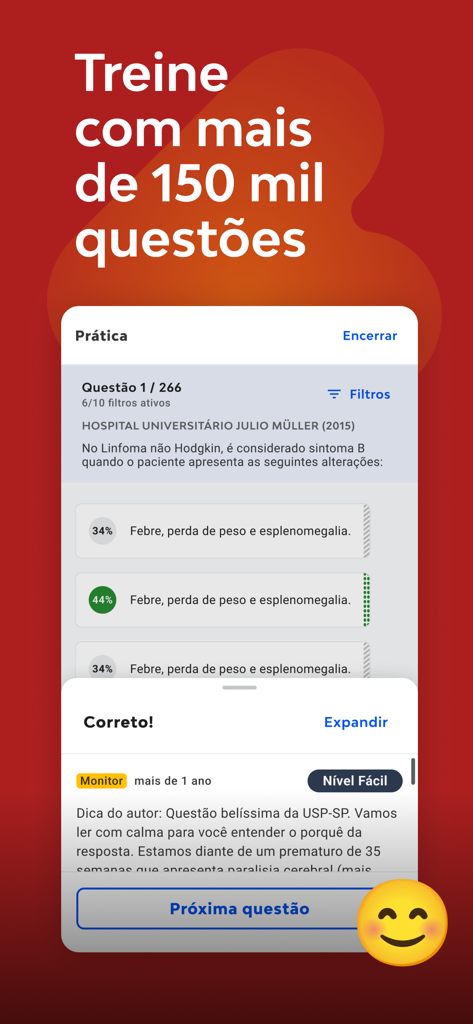 Interface of the SanarFlix app showing a medical practice question with correct answer feedback and an explanation.