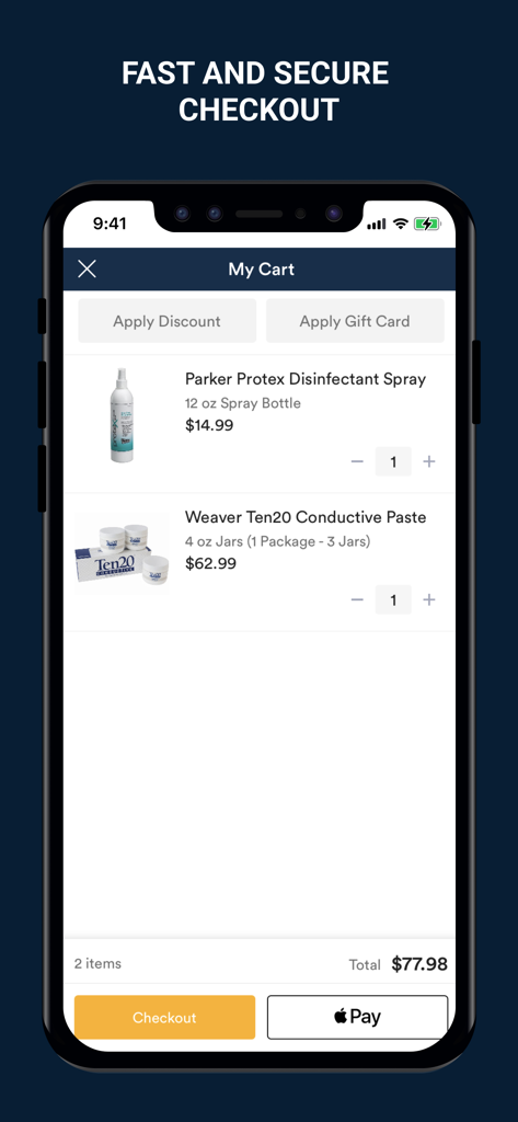 MFI Medical - Shopping cart screen in the MFI Medical app showing medical supplies and secure checkout options.