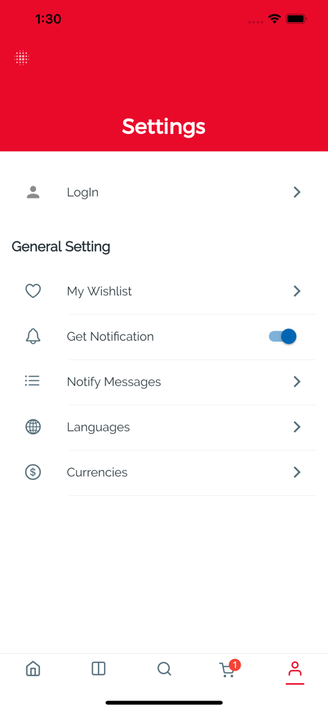 Settings menu of the FACE2FACE beauty shopping app