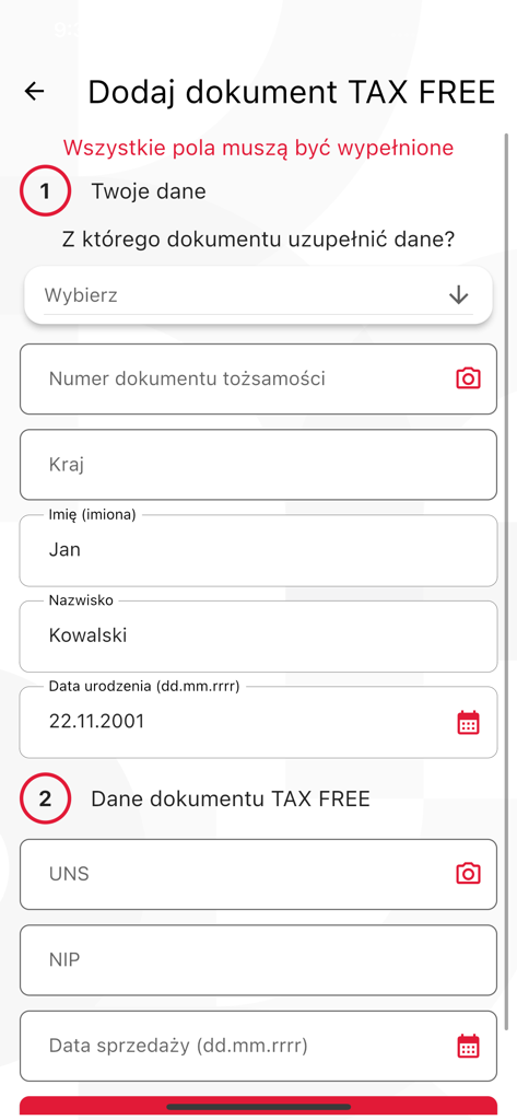 mTAX FREE PL - Bildschirm zum Hinzufügen eines Tax Free-Dokuments in der mTAX FREE PL App, der persönliche Daten und Dokumentendatenfelder anzeigt