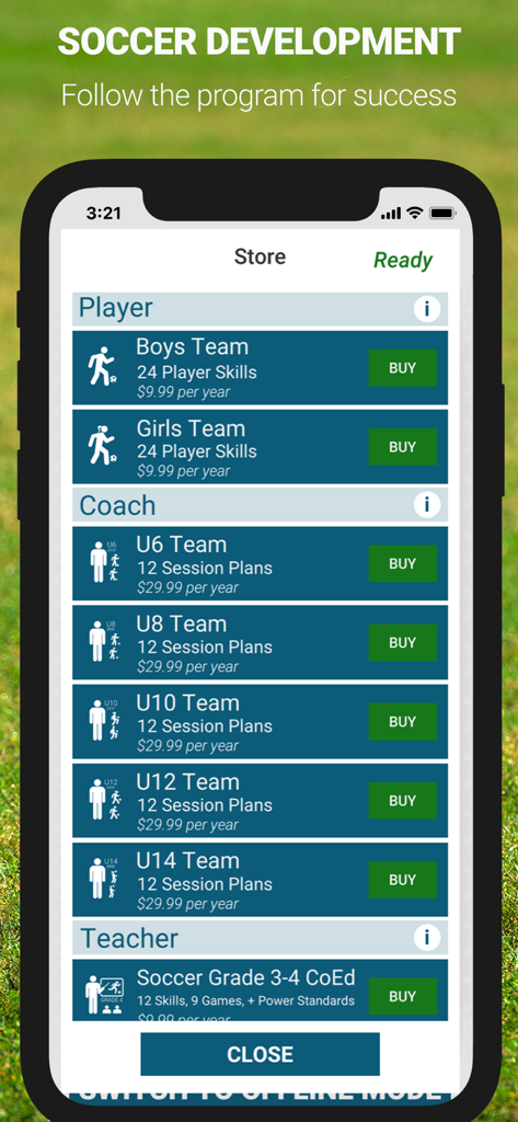 MOTI™ Soccer - MOTI Soccer app store interface listing training plans for players and coaches from U6 to U14