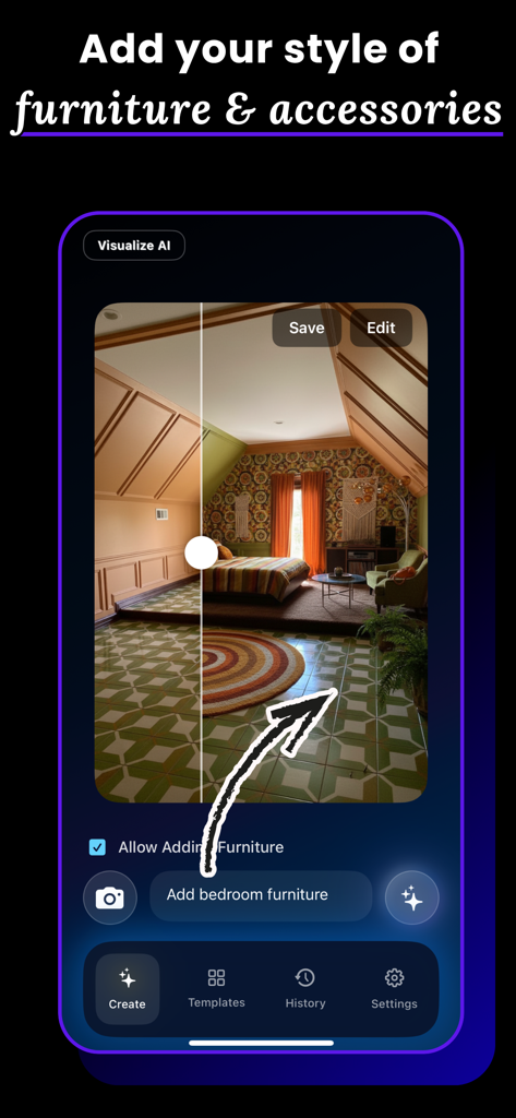 Visualize AI app interface showing a bedroom transformation with a before and after comparison slider for furniture and accessories.